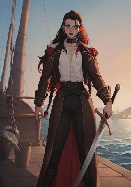 score_9, score_8_up, score_8. score_9, score_8_up, score_7_up, masterpiece, 4k, ExpressiveH, SimpleNegativeV3, OverallDetail, anime, 

dynamic lighting, cinematic lightning, outdoors, pirate ship, wooden ship, thick mast, sails, ocean, alone, solo, sword, cutlass, pirate sword, holding sword 

BREAK,

1boy Gilly, pirate, mature, 6 foot tall, femboy, standing, pale skin, scars, long black hair, straight black hair, very long hair, braids, red highlights, blue eyes, perfect eyes, thin lips, black lips, bratty, effortlessly cool, sassy, pointy black nails, petite, athletic, flat chest,

BREAK,

Choker, eyebrow piercing, gold rings, pirate rings, gold jewelry, red long coat, white opened shirt, white unbuttoned shirt, holding sword,