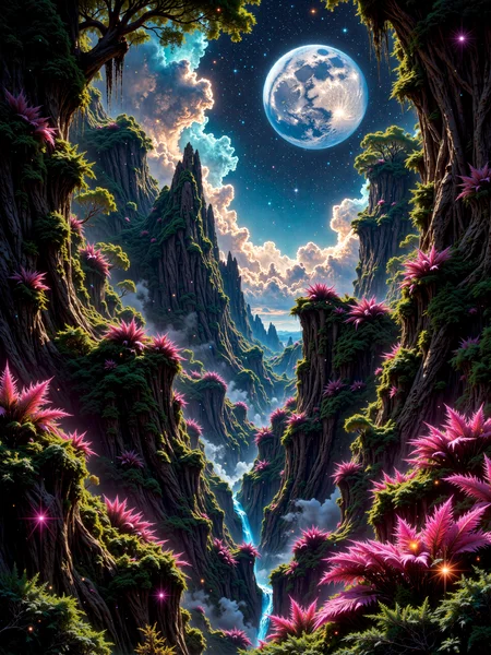 dense jungle, famous artwork, dramatic and epic landscape at night, ultra-high-resolution, 8k, 4k, dim lighting, science fiction fantasy alien landscape digital painting, an otherworldly jungle valley unfurls under a galactic night sky, vast and vibrant with impossible flora, the terrain dips into a narrow ravine lush with towering, ancient trees of twisted dark bark, their trunks draped in mats of bioluminescent moss, spore-laced vines, and delicate glowing herbs, their canopies rising like cathedral vaults into the starlit air, below, a dense forest floor pulses with strange life, where enormous fern-like fronds coil outward like spiraling sea creatures, and surreal, plant-like organisms bloom with translucent pods and fruits shaped like eyeballs, faintly glowing in pinks, greens, and purples, a slender, winding stream cuts through the valley floor, its surface catching the glow of distant nebulae above, casting dancing reflections onto slick rocks and alien roots, the sky above is dominated by a massive, swirling galactic nebula in colorful hues and two detailed, otherworldly moons, their craters stark and luminous against the heavens, shot from a slightly elevated perspective to capture the scale and curvature of the valley, revealing the streamâs winding course, the depth of alien vegetation, and the majesty of the sky, dramatic, high-contrast lighting highlights bioluminescent textures and shadowy undergrowth, with soft ambient glow from the nebula casting a surreal and mystical tone across the landscape, high-resolution matte painting style, with layered atmospheric perspective, deep color saturation, and fine brushwork, lemon yellow and light beige and deep violet and jet black and deep blue and deep teal, ovg, bo-bioluminescent, bioluminescent, artilands02, james webb space telescope, cosmology, spiral galaxy, galaxy, nircam, cosmic cliffs, carina nebula, star birth, rho ophiuchi, orion nebula, ngc 1672, ngc 3627, ngc 3351, ngc 1566, ngc 4254, ngc 3132, ngc 4303, ngc 5068, <lora:james_webb_space_telescope-flux-by_motimalu:0.48> <lora:style-fantastic_landscapes-v2-flux-by_artifyai:0.44> <lora:style-bioluminescent_dreams-flux-by_bo4rsworld:0.56>