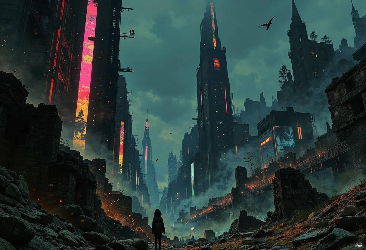 A seamless blend of decaying ruins and a vibrant cyberpunk city under a blue-grey sky, with a solitary skyscraper as the distant focal point. Foreground: jagged remains of old stone buildings, partially overgrown. Midground: a chaotic fusion of ruins and towering cyberpunk structures, some ruins integrated with holographic advertisements and neon signs. These signs predominantly glow in electric blue, hot pink, and toxic green. Background: the city recedes into the distance, culminating in a lone tall building piercing the sky. Overcast blue-grey sky overhead. The atmosphere is a mix of old-world decay and futuristic vibrancy. The primary light is a diffused, cold light from the sky, contrasted sharply by the vivid neon lights. The ruins cast long, dark shadows; the cyberpunk elements glow and reflect light. Color palette emphasizes blues and grays, highlighted by intense splashes of electric blue, pink and green from neon. Detailed and realistic style capturing both decay and technological advancements. The ruins act as leading lines towards the central skyscraper. Time: evening or night.
. m0d3rn1mpr
