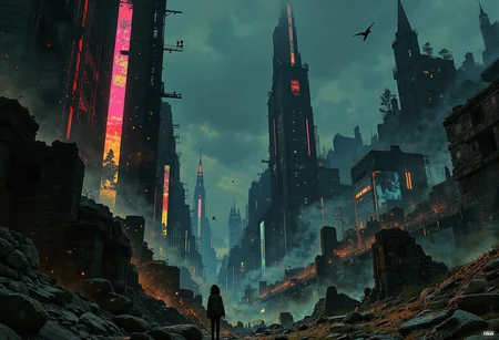 A seamless blend of decaying ruins and a vibrant cyberpunk city under a blue-grey sky, with a solitary skyscraper as the distant focal point. Foreground: jagged remains of old stone buildings, partially overgrown. Midground: a chaotic fusion of ruins and towering cyberpunk structures, some ruins integrated with holographic advertisements and neon signs. These signs predominantly glow in electric blue, hot pink, and toxic green. Background: the city recedes into the distance, culminating in a lone tall building piercing the sky. Overcast blue-grey sky overhead. The atmosphere is a mix of old-world decay and futuristic vibrancy. The primary light is a diffused, cold light from the sky, contrasted sharply by the vivid neon lights. The ruins cast long, dark shadows; the cyberpunk elements glow and reflect light. Color palette emphasizes blues and grays, highlighted by intense splashes of electric blue, pink and green from neon. Detailed and realistic style capturing both decay and technological advancements. The ruins act as leading lines towards the central skyscraper. Time: evening or night.
. m0d3rn1mpr