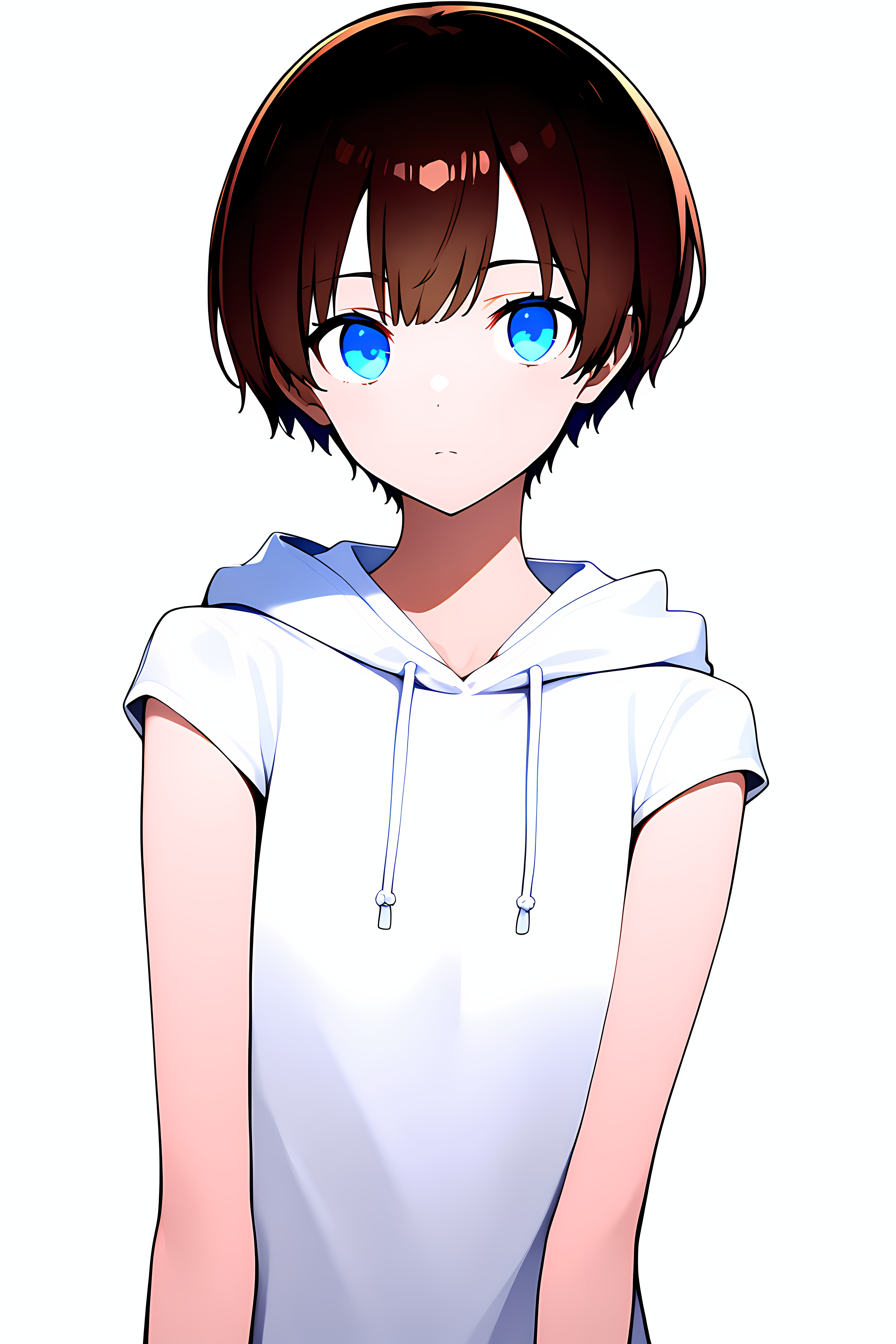 1girl, upper body, short hair, brown hair, blue eyes, white hoodie, cap sleeves, simple simple background, white background <lora:CapSleeves_NAI_vp:1>