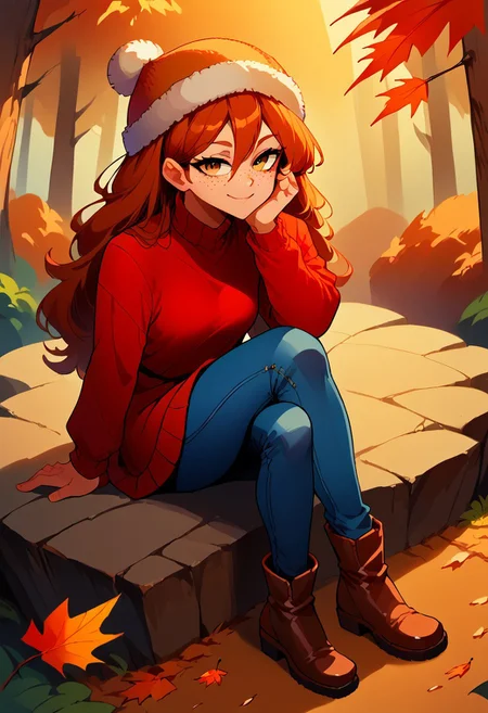 score_9, score_8_up, score_7_up, score_6_up, score_5_up, score_4_up, kakigori, 1girl1boy, girl (redhead, long hair, freckles, dress, fur hat, ankle boots, boots), boy(short brown hair, red sweater, jeans, black boots) forest, warm illumination, autumn leaves. cinematic lighting, vivid colors, smiling, sitting on a rock, hand on own face, from above, front view, freebos_smoothiestyle