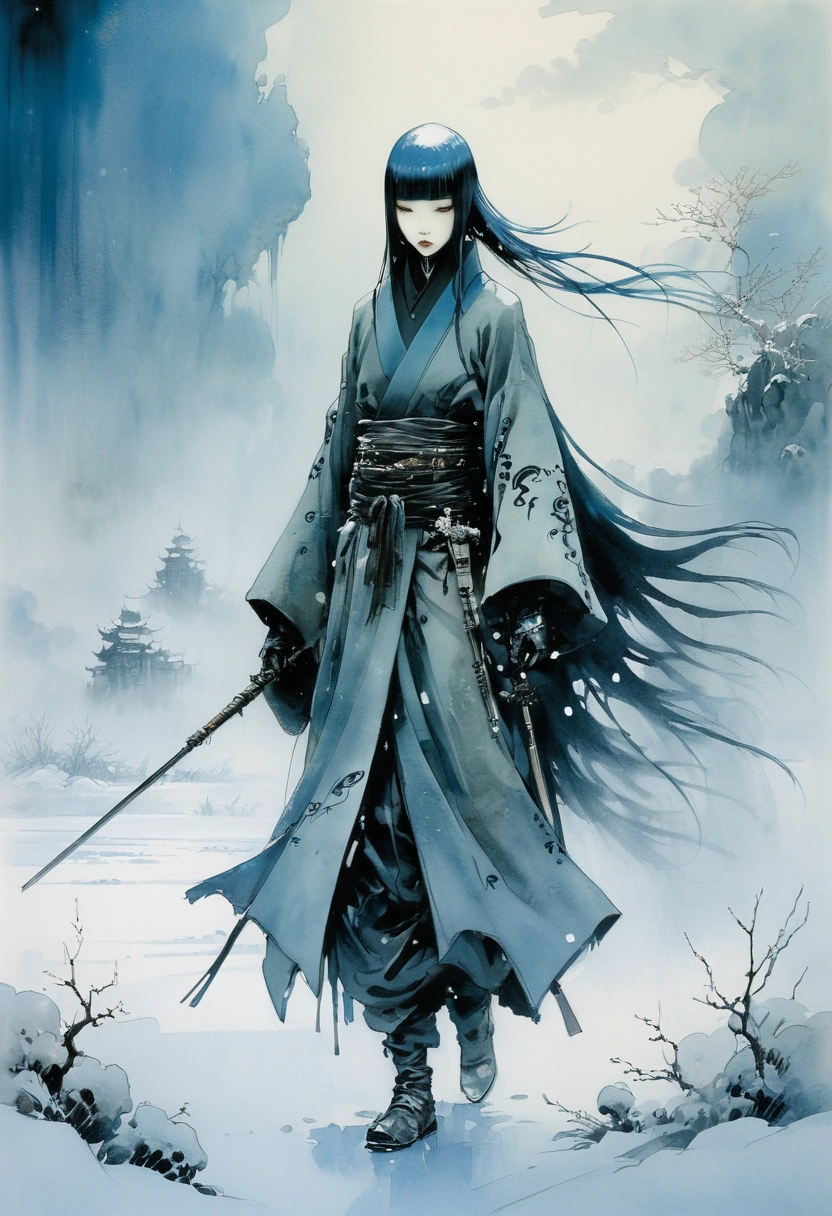 ink-wash painting by Ashley Wood and Kay Nielsen: futuristic xianxia wanderer in misty winter scenery