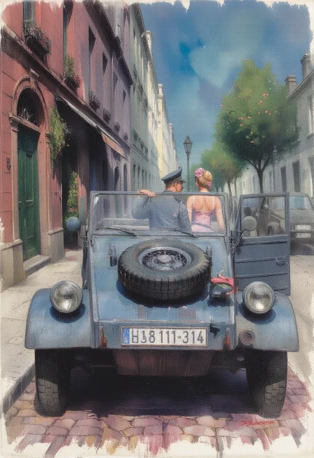 Illustration: A car parked in the suburbs of Paris in 1944 during World War II. A German officer and an attractive woman dressed in flashy clothes are having a lovers' quarrel. At night, on cobblestone streets. <lora:kubelwagen_flux:1>,kubelwagen, ,door open,car hood, german grey,a clean car.,<lora:ImpressionismFlux:1> ArsMJStyle, impressionism