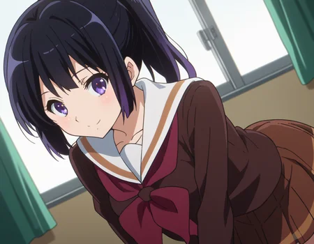score_9, score_8_up, score_7_up, source_anime,
reinakousaka, <lora:reina-kousaka-ponyxl-lora-nochekaiser:1>,
reina kousaka, long hair, bangs, black hair, purple eyes,
ponytail, skirt, shirt, long sleeves, school uniform, pleated skirt, serafuku, neckerchief, brown skirt, white sailor collar, brown shirt, kitauji high school uniform, red neckerchief,
indoors, classroom, bent over, smile,
looking at viewer, cowboy shot, dutch angle,