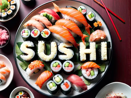 (Sushi:1.3) text logo, trifle, japanese, fresh fish, dragon rolls,