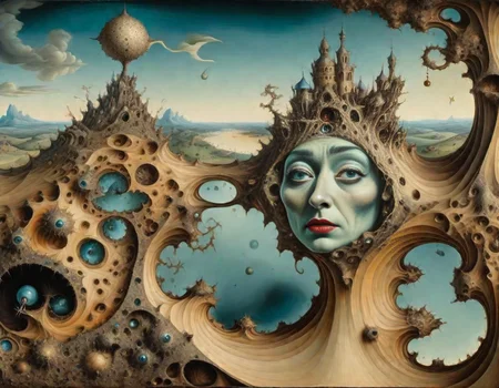 surrealistic, person in a Frac_XL landscape, in the style of Salvadori Dali and Hieronymus Bosch<lora:Frac_XL:1>
