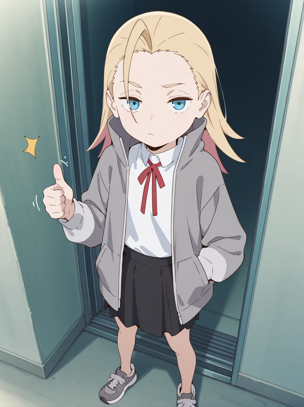 (masterpiece:1.4), (best quality:1.4), very aesthetic, newest,best quality, amazing quality, very aesthetic, absurdres,
1girl,jobko, blue eyes, blonde hair, long hair, forehead,antenna hair,medium hair,
grey sneakers, jacket, black skirt,miniskirt, grey jacket, open jacket,long sleeves, high collar,no socks, grey footwear,
white shirt,neck ribbon,red ribbon
, eyebrows, <lora:jobko:1>
standing,thumbs up,looking at viewer,