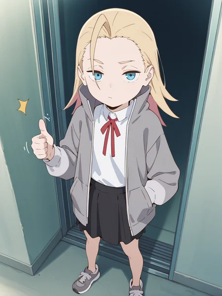 (masterpiece:1.4), (best quality:1.4),  very aesthetic, newest,best quality, amazing quality, very aesthetic, absurdres,
 1girl,jobko, blue eyes,  blonde hair,  long hair, forehead,antenna hair,medium hair, 
grey sneakers, jacket, black skirt,miniskirt, grey jacket, open jacket,long sleeves, high collar,no socks, grey footwear,
white shirt,neck ribbon,red ribbon
, eyebrows,  <lora:jobko:1>
standing,thumbs up,looking at viewer,