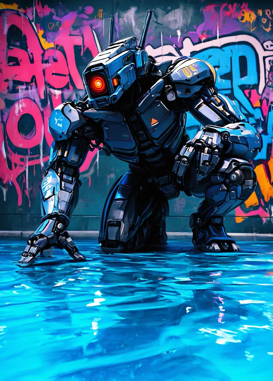 realistic,
masterpiece, best quality, amazing quality, highres, absurdres, very aesthetic, very awa,expert shading, ultra detailed, UHD, 8K,
BREAK, realism,
N3onSp3ctra, robot, science fiction, reflection, no humans, solo, mecha, red eyes, humanoid robot, water, combat robot, colorful graphics, graffiti, 3/4 shot, full body image, <lora:NeonSpectra:0.75>