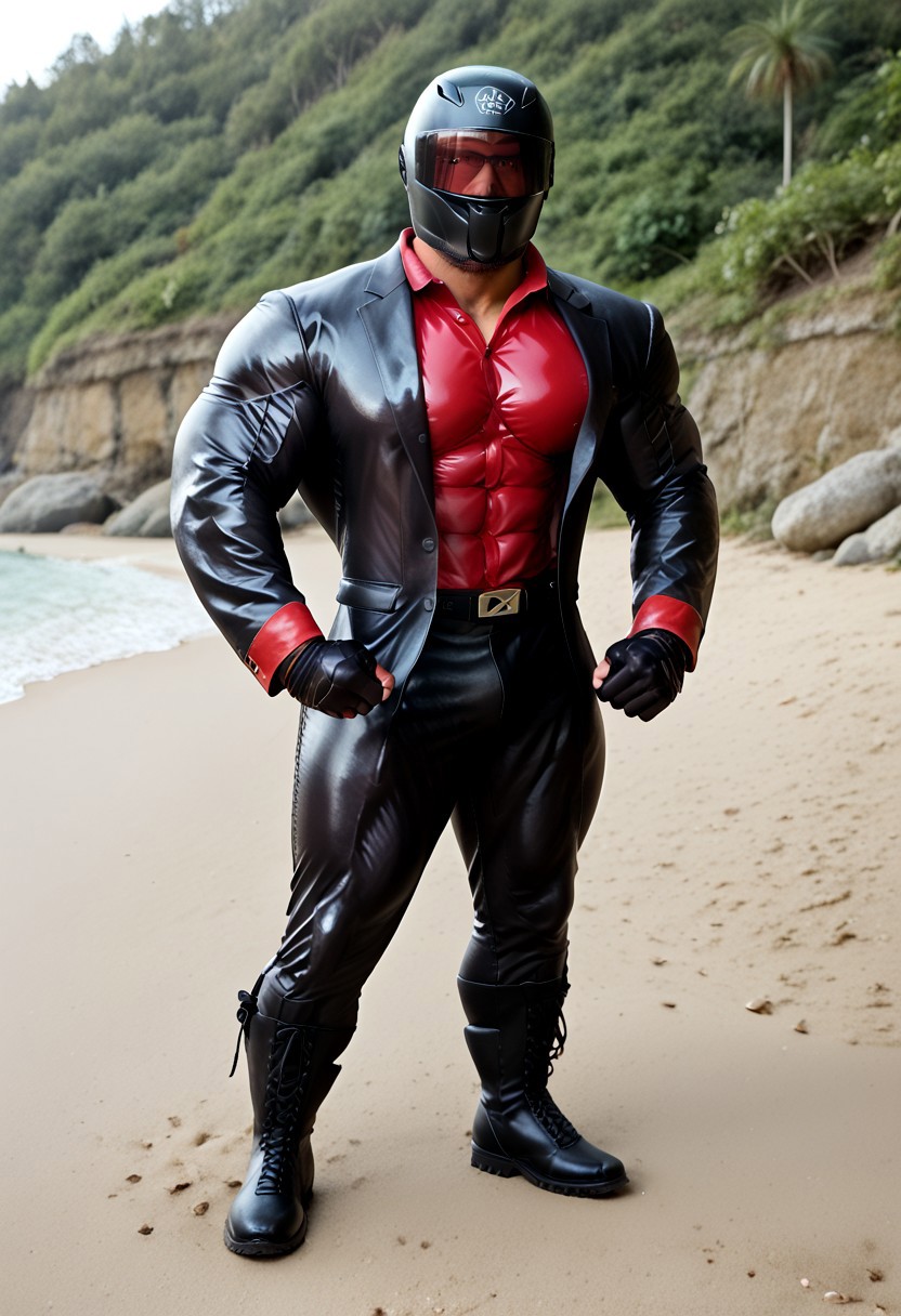 score_9, score_8_up, score_7_up, photo, photorealistic, rating_explicit, (solo:1.1), 1boy, black helmet with tinted visor, muscular male, masculine male, black glossy leather blazer suit, red glossy spandex shirt, formal, glossy pants, skintight, black rubber gloves, black rubber boots, abs, nipples, pecs, flexing, proud, sweaty, outdoors beach, five digits