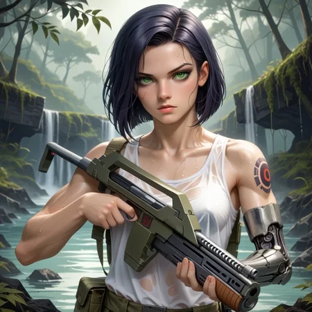score_9, score_8_up, 1girl, solo, full shot, muscular, athletic, undercut short black hair, green eyes, (facial scar), (cybernetic left arm and shoulder:1.3), serious expression, white tanktop, wet clothes, cargo pants, sweaty body,  aiming a rifle with both hands, alien swamp, dark atmosphere, horror,  <lora:Armat_M41A_Pulse_Rifle_-_Aliens_Pony_SDXL:1> m41apls