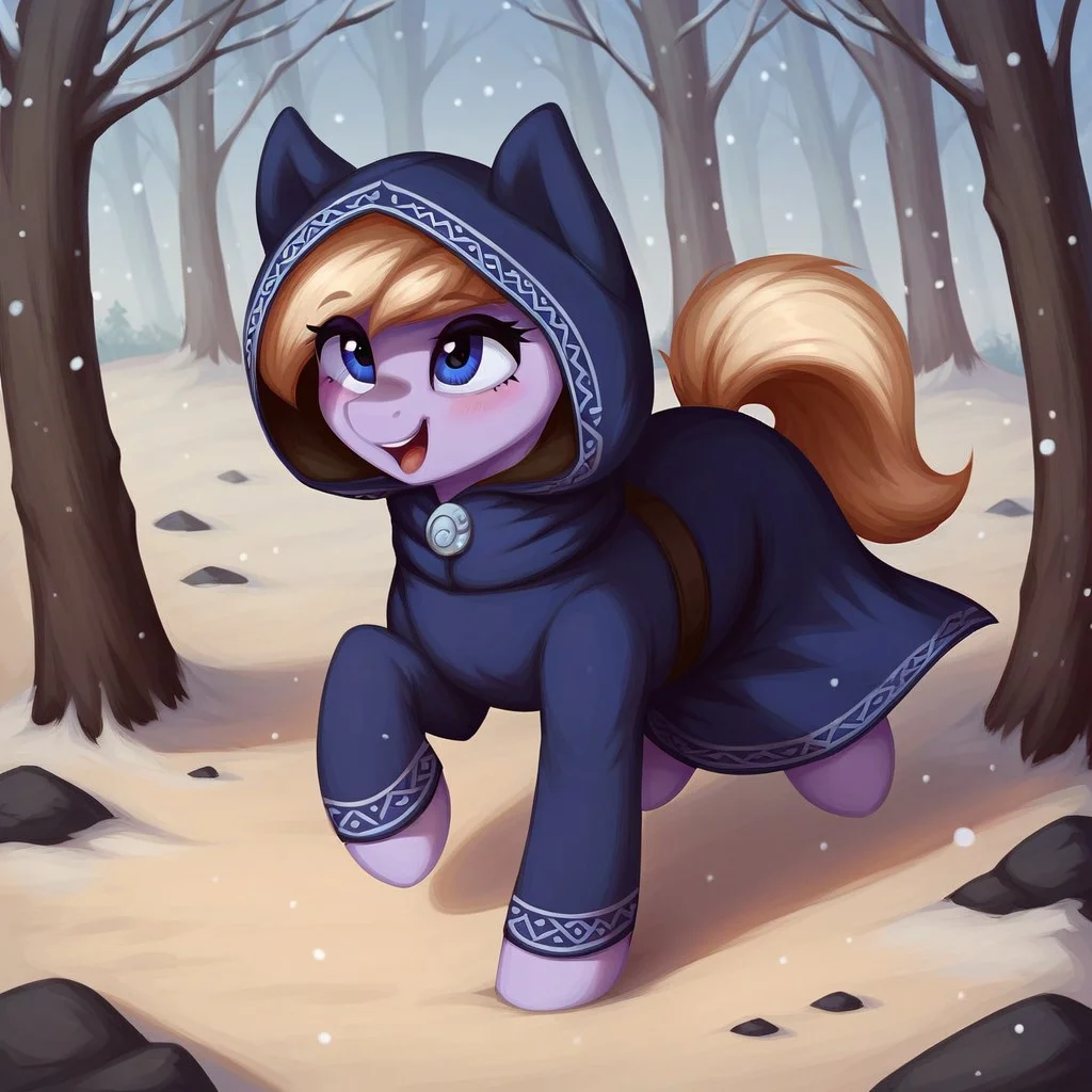 masterpiece, score_9_up, score_8_up, score_7_up, score_6_up, (best quality:1.1), ultra-detailed, high resolution, solo, Eathelin, pony, mlp, feral, midnight blue eyes, mare, female, pony ears, orchid purple skin, midnight blue eyes, thin eyebrows, long eyelashes, short blonde mane, tail, water monk's robe, dark hood, animal hood, dynamic pose, running, looking up, blush, blushing, happy, laughing, hot breath BREAK (background-winter forest, snow, day, snowing), (FULL BODY), close up view, detailed facial features, expressiveh, highly visible, sharp focus, detailed