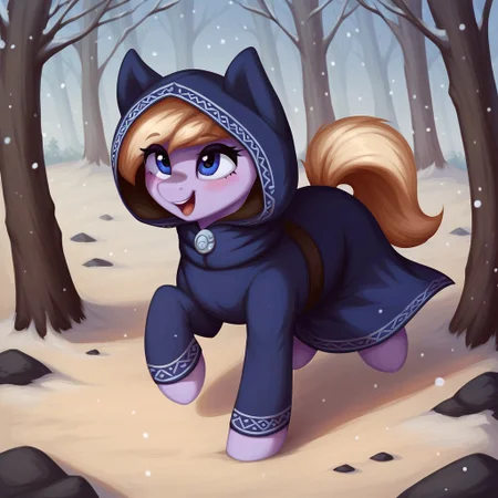 masterpiece, score_9_up, score_8_up, score_7_up, score_6_up, (best quality:1.1), ultra-detailed, high resolution, solo, Eathelin, pony, mlp, feral, midnight blue eyes, mare, female, pony ears, orchid purple skin, midnight blue eyes, thin eyebrows, long eyelashes, short blonde mane, tail, water monk's robe, dark hood, animal hood, dynamic pose, running, looking up, blush, blushing, happy, laughing, hot breath BREAK (background-winter forest, snow, day, snowing), (FULL BODY), close up view, detailed facial features, expressiveh, highly visible, sharp focus, detailed