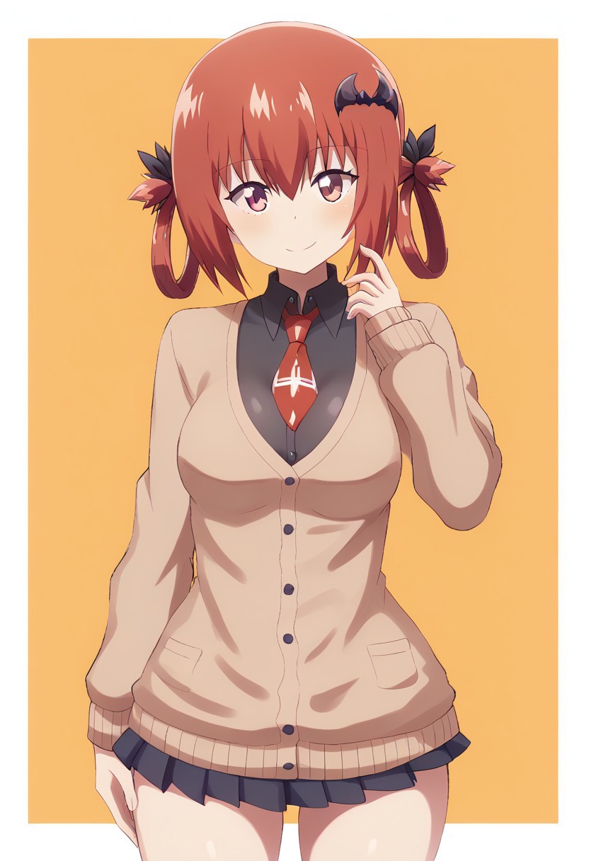 Nero, score_9, score_8_up, score_8, big breasts, (curvy), cute, eyelashes,     
rating safe, 
BREAK, 
satania, satanichia kurumizawa mcdowell, satania from Gabriel Dropout, red hair, brown cardigan,  
,BREAK, 
smile, looking at viewer, cowboy shot,  
abstract background,
