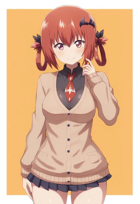 Nero, score_9, score_8_up, score_8, big breasts, (curvy), cute, eyelashes,
rating safe,
BREAK,
satania, satanichia kurumizawa mcdowell, satania from Gabriel Dropout, red hair, brown cardigan,
,BREAK,
smile, looking at viewer, cowboy shot,
abstract background,