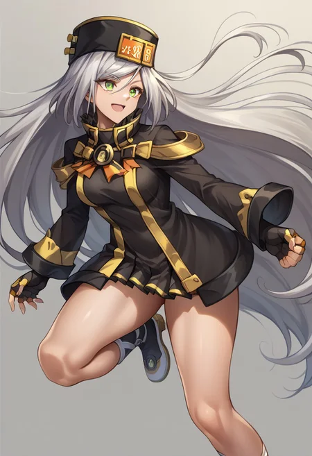 score_9, score_8_up, score_7_up, source_anime, good anatomy, s1girl, solo, MilliaRageXrd, silver hair, very long hair, green eyes, short black dress with yellow trim, high collar, military uniform, license plate, black hat with yellow trim, ushanka, black gloves, belts, bare legs, sleeves past wrists, shoes, fighting stance, open mouth, smiling, one knee raised