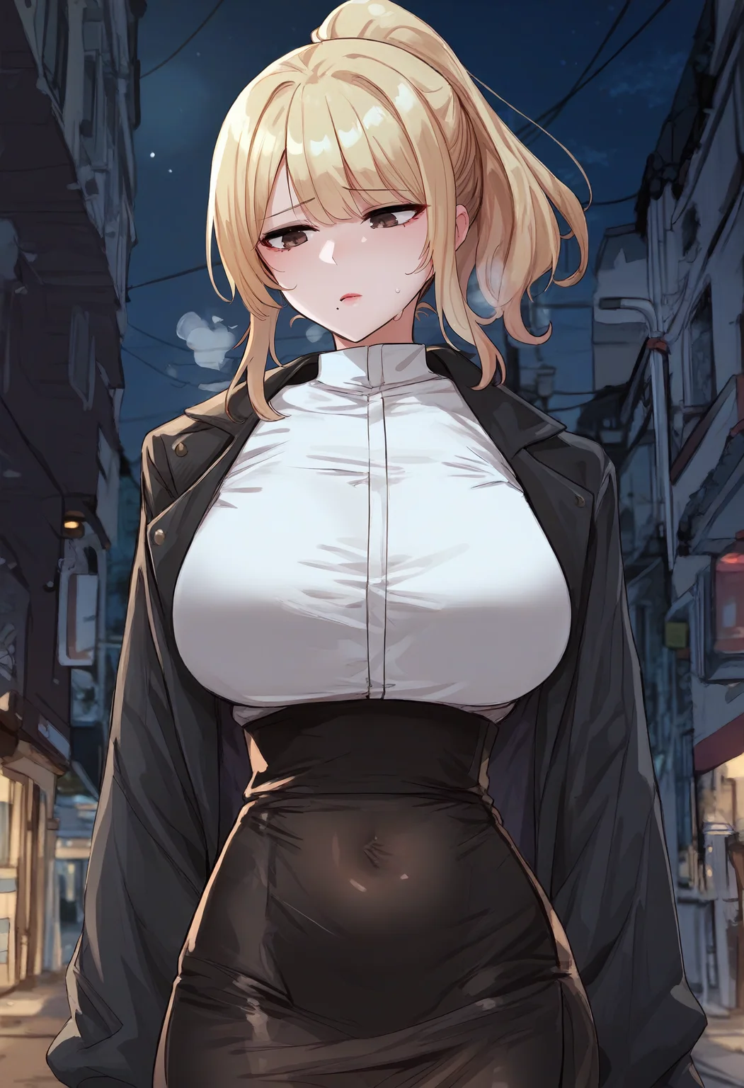 score_9, score_8_up, score_7_up, score_6_up, source_anime, rating_explicit, 1girl, solo, huge breasts,<lora:Park Dayoung prefectPonyxl:0.75> blonde hair, mole under mouth, brown eyes, medium hair, ponytail, sidelocks, black jacket, long sleeves, white shirt, high-waist skirt, covered navel, black skirt, pencil skirt, miniskirt, sad, parted lips, Narrow shoulders, heavy breathing, steaming body, night, street, outdoors, looking down
