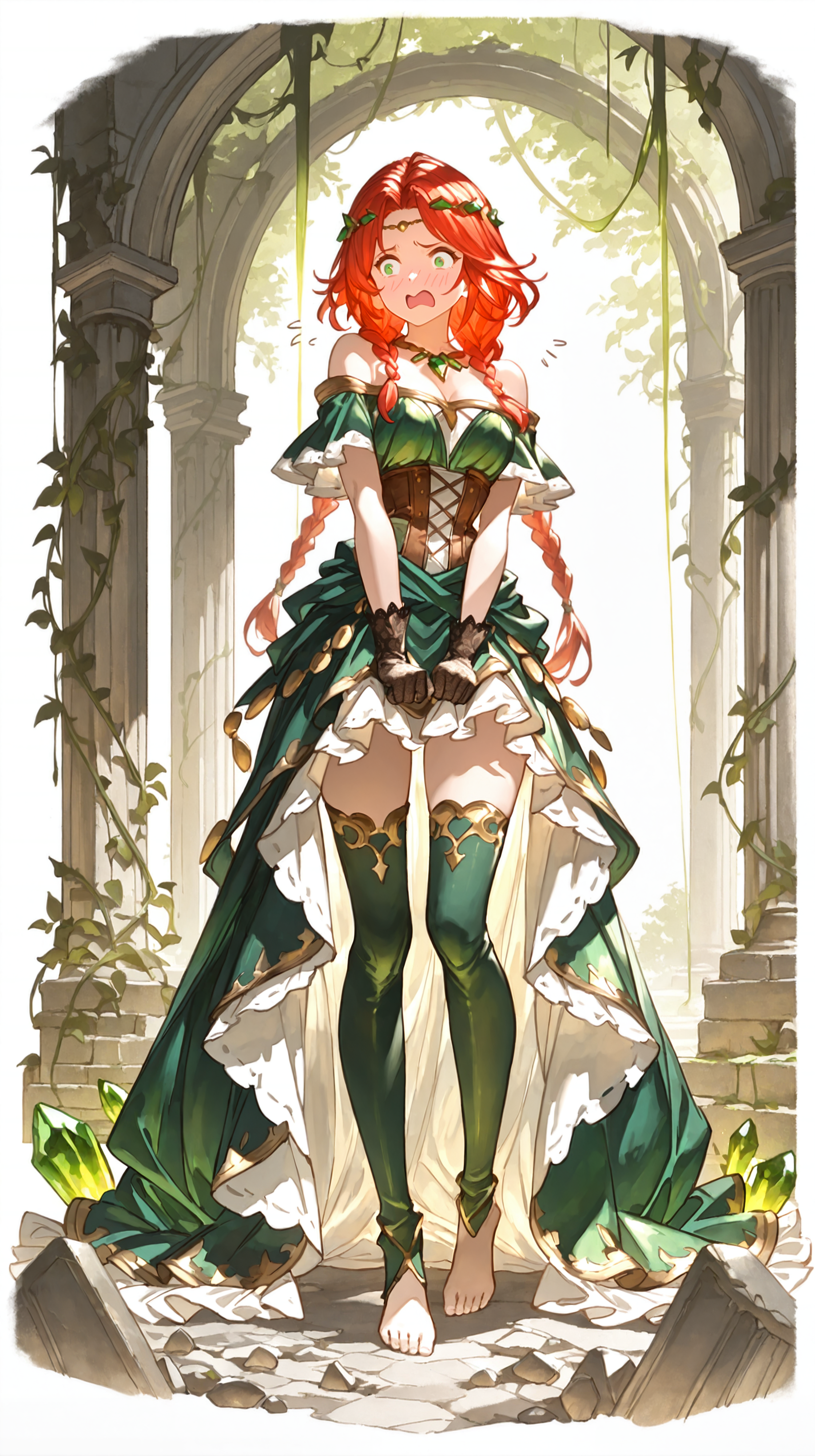masterpiece, newest,absurdres,incredibly absurdres, best quality, amazing quality, very aesthetic, simple white background,
1girl, red hair, twin braids wrapped into loops, small braids woven throughout, floral circlet, emerald green fantasy dress, gold embroidery, off-shoulder design, flowing chiffon sleeves, corset waist, layered skirt with leaf motifs, lace gloves, green thighhighs, barefoot on mossy stones, ancient ruins, vines and glowing crystals, flustered, ambient forest light, ethereal atmosphere,
 <lora:Face_Enhancer_Illustrious:1> <lora:[Cygames Mobage (Hideo Minaba Yuya Nagai Ryoji Ohara)] Granblue Fantasy Art Style Illustrious_1656091:1> granbluefantasysyleil