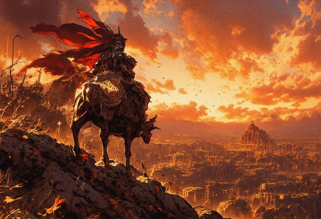 The image features a character riding a horse through a rocky landscape filled with fallen leaves. The rider, clad in metallic armor and holding a shield with a lion emblem, gazes towards a serene yet ominous sunset. The sky is painted in hues of orange and gold, creating a dramatic backdrop. In the distance, silhouettes of ruins and structures can be seen against the horizon, while gentle hills and trees dot the scenery. The overall atmosphere suggests an adventurous and mystical journey.
