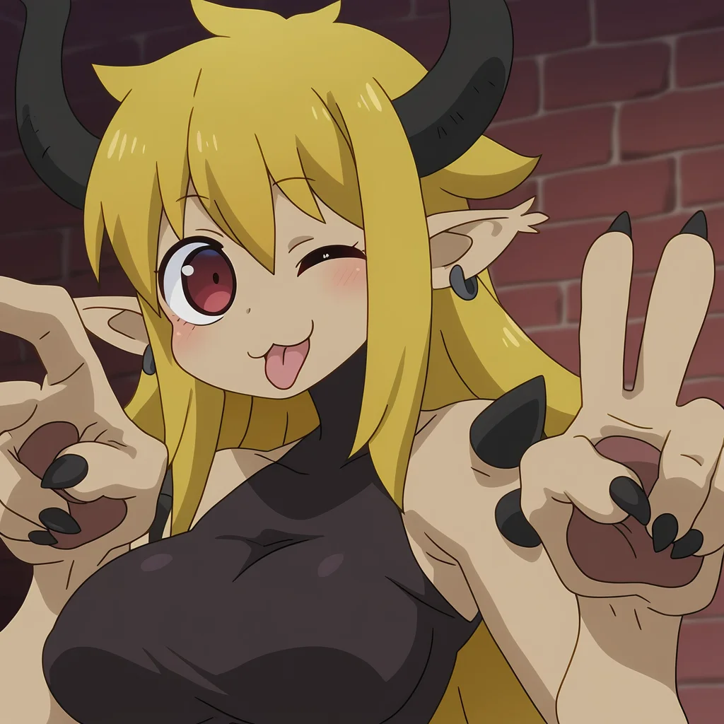 masterpiece, best quality, normal quality, absurdres, highres, anime coloring, detaa, solo, ishuzoku reviewers, :3, tongue out, ;), one eye closed, blonde hair, red eyes, pointy ears, horns, smile, open mouth, spikes, earrings, (large hands:1.2), v, claws, midriff, cropped top, si ple background, velvet wall, monster girl, portrait,