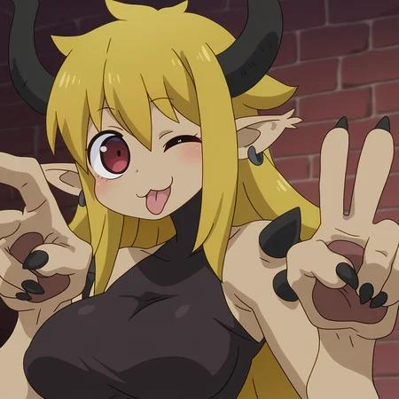 masterpiece, best quality, normal quality, absurdres, highres, anime coloring, detaa, solo, ishuzoku reviewers, :3, tongue out, ;), one eye closed, blonde hair, red eyes, pointy ears, horns, smile, open mouth, spikes, earrings, (large hands:1.2), v, claws, midriff, cropped top, si ple background, velvet wall, monster girl, portrait,