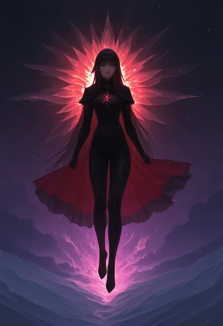 A beautiful woman stands at the edge of a vast, starry void, her form beginning to dissolve into a swirling storm of black, gold, silver, and red roses made of cristal . Her face is serene, almost ethereal, as if she’s accepted her transformation. Her long hair flows gently in an otherworldly breeze, and her eyes, filled with a mix of sadness and wonder, gaze into the infinite cosmos. As the petals made of cristal break away from her body, they are caught in a cosmic whirlwind, spiraling upward into the darkness. The black petals made of cristal shimmer faintly, their edges glowing with gold and silver, while the red petals made of cristal burn like embers, leaving trails of fiery light. The stars around her pulse and twinkle, their light reflecting off the petals made of cristal and creating a mesmerizing dance of shadows and light. The atmosphere is a perfect blend of melancholy and beauty, capturing the woman’s transition from the physical world to the cosmic unknown.Additional details for refinement: Style: Hyper-realistic or semi-realistic, with a focus on atmospheric lighting and fluid motion. Lighting: Soft, cosmic light with glowing highlights on the petals and stars. Color palette: Deep blacks, shimmering golds and silvers, and fiery reds (petals made of cristal), with shimmering whites and blues (stars). Mood: Melancholic, mystical, and awe-inspiring, with a sense of transcendence and beauty.