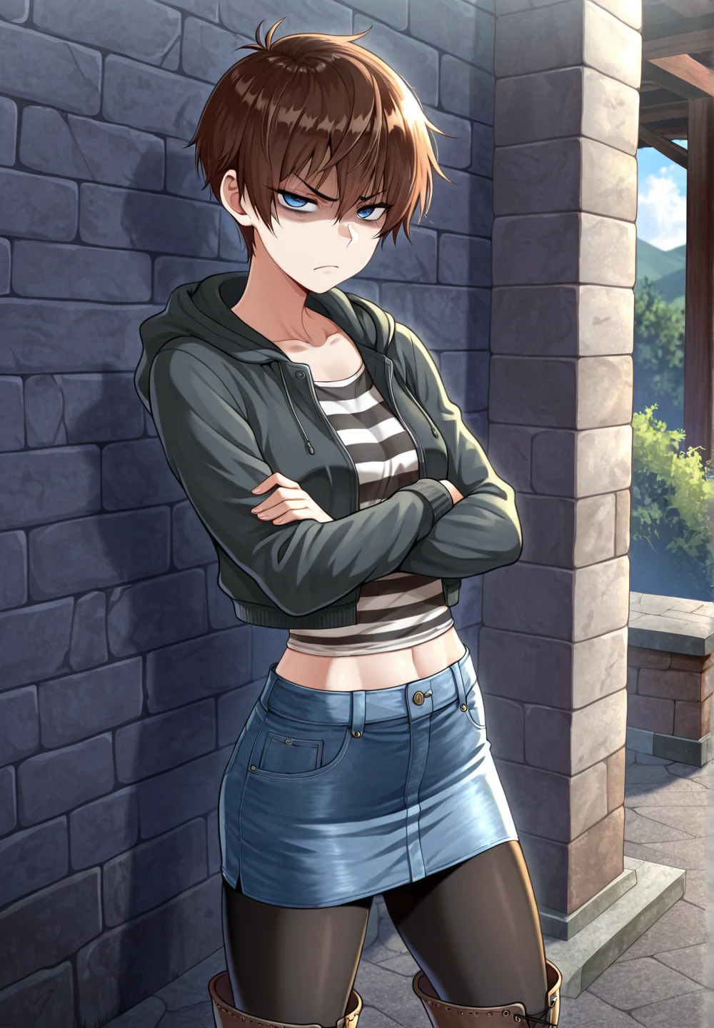 masterpiece,best quality,shaded,DanaMercer,1girl,solo, <lora:DanaMercerIllustrious:0.89>,very short hair,brown hair,hoodie,hood down,striped shirt,midriff,denim skirt,black pantyhose,boots,crossed arms,outdoors,scowling,blue eyes