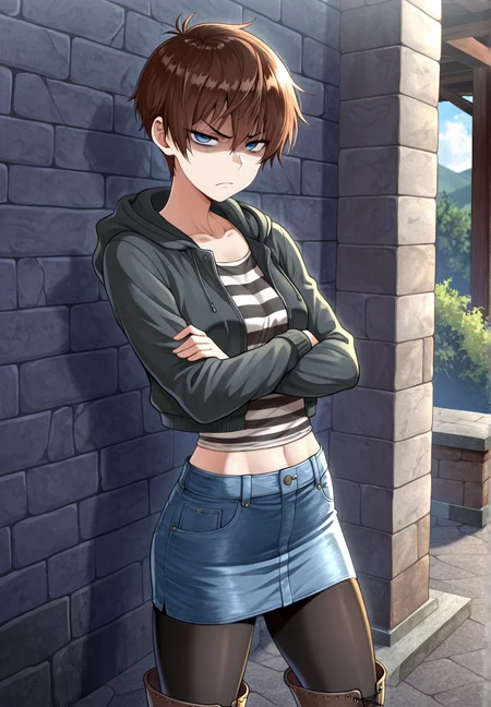 masterpiece,best quality,shaded,DanaMercer,1girl,solo, <lora:DanaMercerIllustrious:0.89>,very short hair,brown hair,hoodie,hood down,striped shirt,midriff,denim skirt,black pantyhose,boots,crossed arms,outdoors,scowling,blue eyes