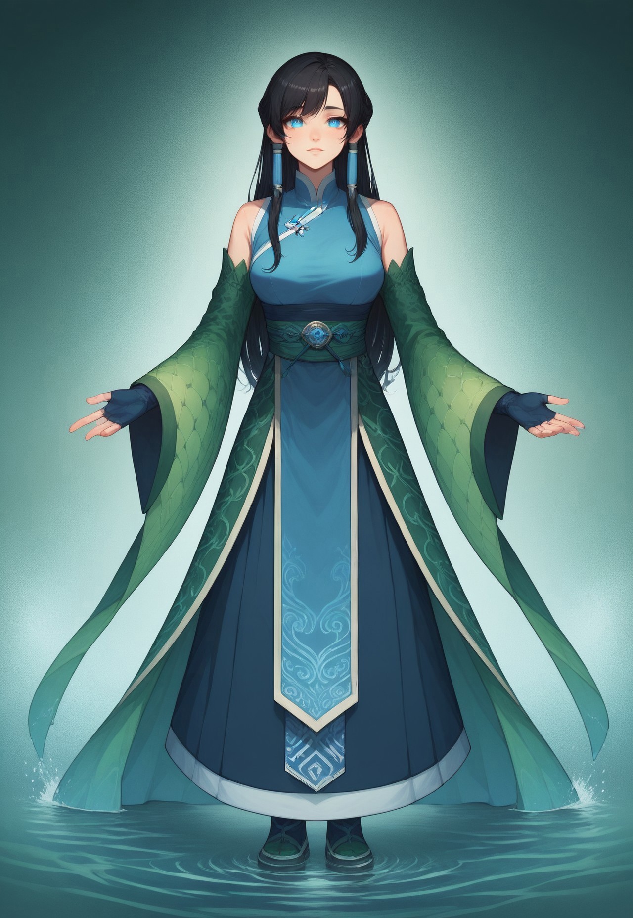 score_9, score_8_up, score_7_up, 8k, best quality, charturnerv2, sz4d3k, 1girl, even skin tone, cell shaded, female focus, indirect lighting, detailed face, detailed eyes, detailed, Expressiveh, adult female, Soryu, black hair, long hair, blue hair tubes, blue eyes, chinese clothes, azure dragon garb, dress, fingerless gloves, full body, waterfall background,