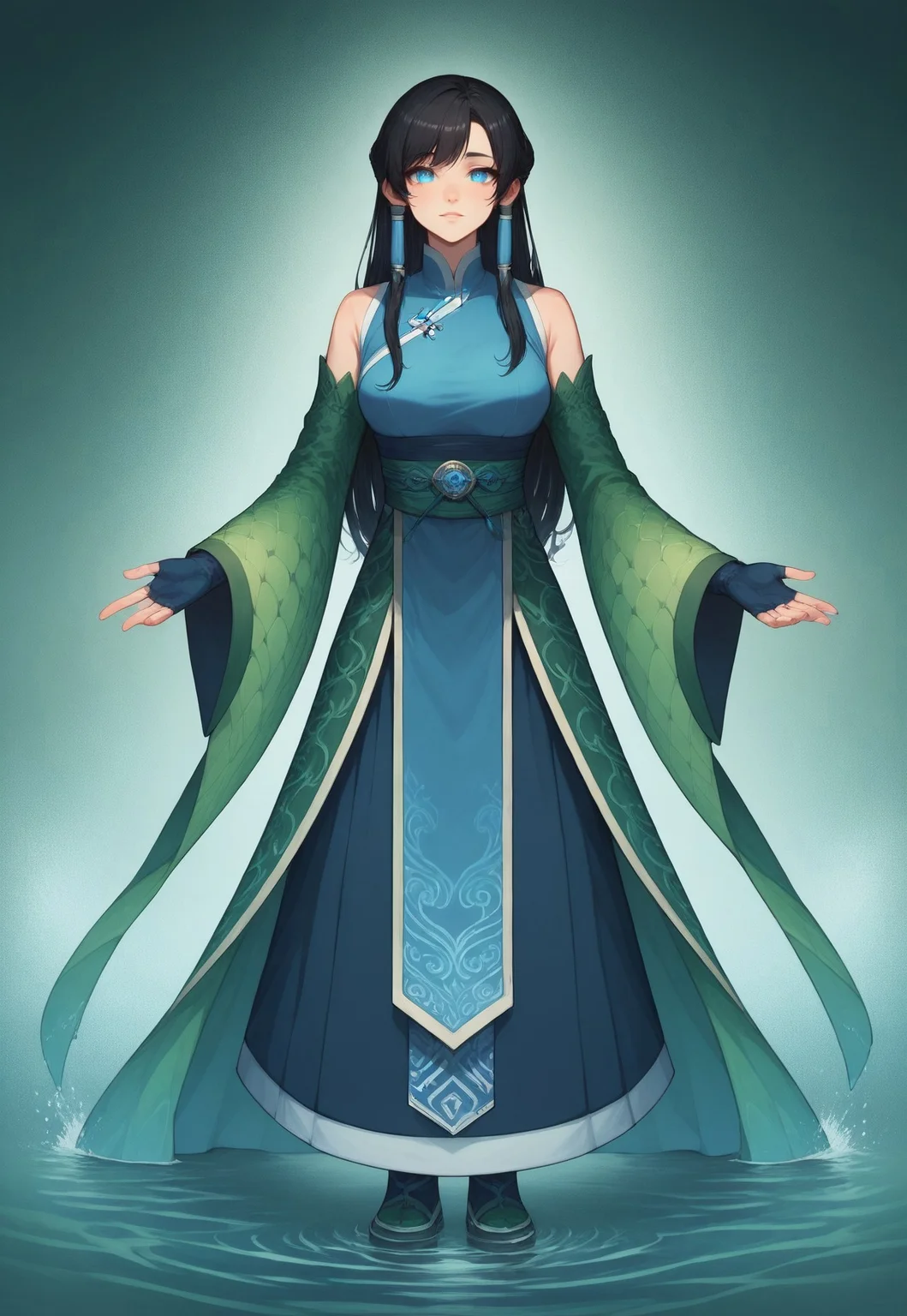 score_9, score_8_up, score_7_up, 8k, best quality, charturnerv2, sz4d3k, 1girl, even skin tone, cell shaded, female focus, indirect lighting, detailed face, detailed eyes, detailed, Expressiveh, adult female, Soryu, black hair, long hair, blue hair tubes, blue eyes, chinese clothes, azure dragon garb, dress, fingerless gloves, full body, waterfall background,