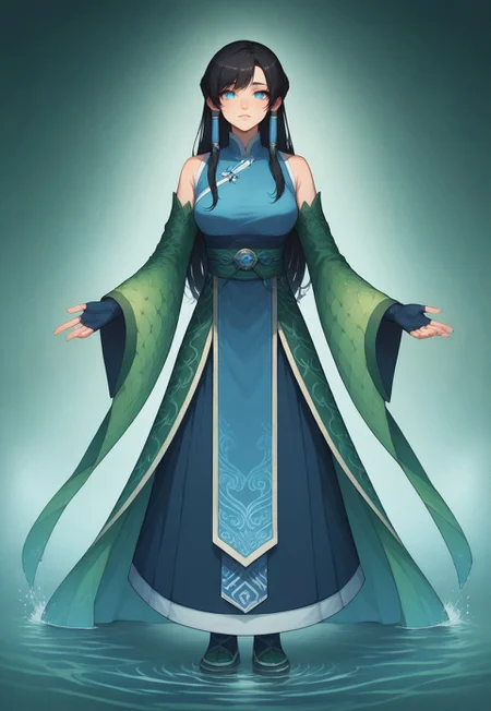 score_9, score_8_up, score_7_up, 8k, best quality, charturnerv2, sz4d3k, 1girl, even skin tone, cell shaded, female focus, indirect lighting, detailed face, detailed eyes, detailed, Expressiveh, adult female, Soryu, black hair, long hair, blue hair tubes, blue eyes, chinese clothes, azure dragon garb, dress, fingerless gloves, full body, waterfall background,