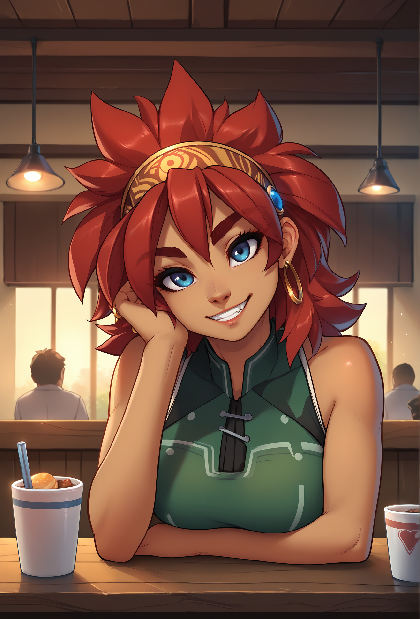 score_9, score_8_up, score_7_up, score_6_up, score_5_up, score_4_up, indoors, cafe BREAK
<lora:ayn_fluffkevlar_ponyXL_v1.3_0.99:1> ayn, 1girl, human, looking at viewer, smile, blue eyes, red hair, close-up, green dress, black trim, sleeveless, hairband, portrait, medium hair, dark skin, hoop earrings, gold earrings, thick eyebrows, head tilt, teeth, red eyebrows,