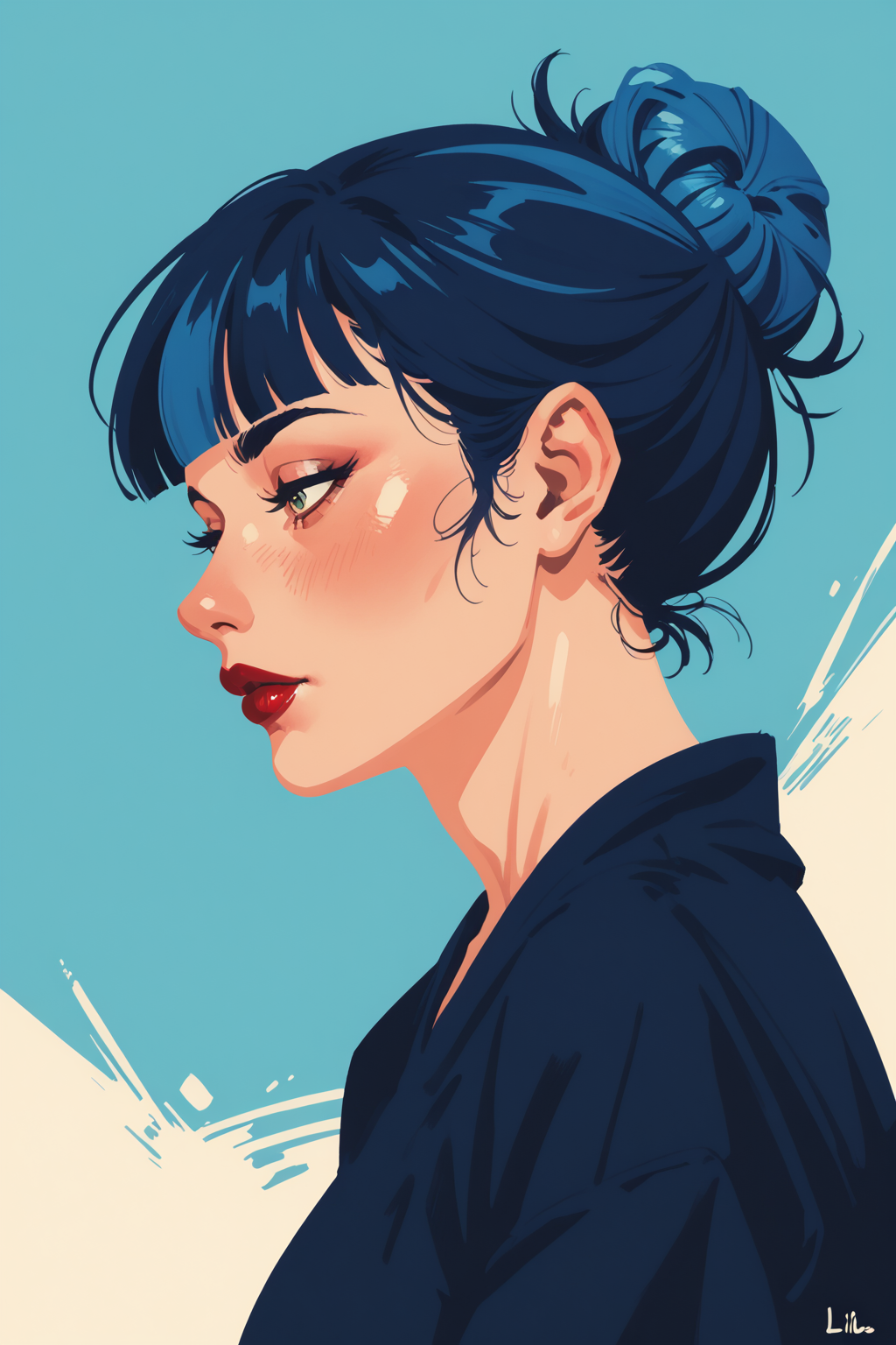 1girl, solo, multicolored hair, red lips, upper body, makeup, blunt bangs, from side, , profile, hair bun, single hair bun, lipstick, blue hair, two-tone hair, zPDXL3,  PnyCmicXLPOS, detailxl,  (lineless, vector art:1.5) ,