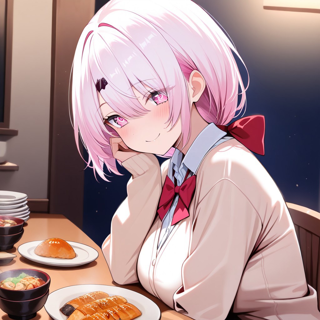 masterpiece, high score, great score, absurdres, no blur, perfect anatomy, 1girl,solo, ShiinaYuikaNijisanji, low ponytail, pink eyes, cardigan, red bow, long sleeves, collared shirt, sitting on chair, Food on table, japanese food, Multiple dishes, (smile,happy), blush, depth of field, beautiful face, highly detailed faces and eyes, beautiful eyes, perfect hair, beautiful breasts