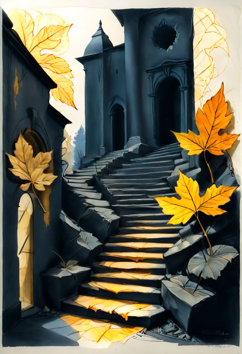 artshmll, pencil contour drawing, artfshnshtr, artxldnc
abstract architecture, pathways, stairs, two leafs of different colors against a background of paper, in the style of explosive pigmentation, dark gray and gold, decay and decayed, black mountain college, delicate washes, spot metering, quirky pottery