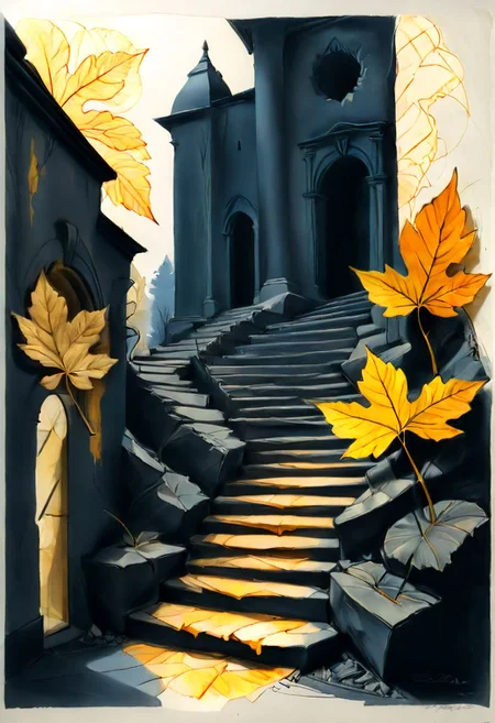 artshmll, pencil contour drawing, artfshnshtr, artxldnc
abstract architecture, pathways, stairs, two leafs of different colors against a background of paper, in the style of explosive pigmentation, dark gray and gold, decay and decayed, black mountain college, delicate washes, spot metering, quirky pottery