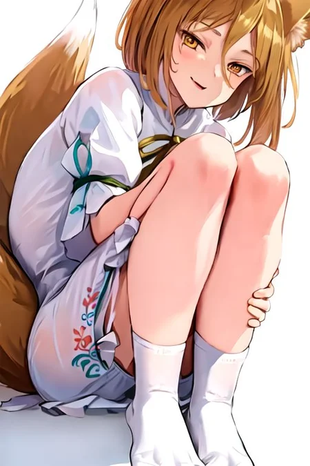 solo_focus, 1girl, ((white background, simple background)):2, (((masterpiece))), ((best quality)), ((ultra-detailed)), high resolution, absurdres, highres, ultra-detailed 8k unity wallpaper,
Kudamaki Tsukasa, fox ears, fox tail, hair between eyes, white romper, green ribbon, white socks,