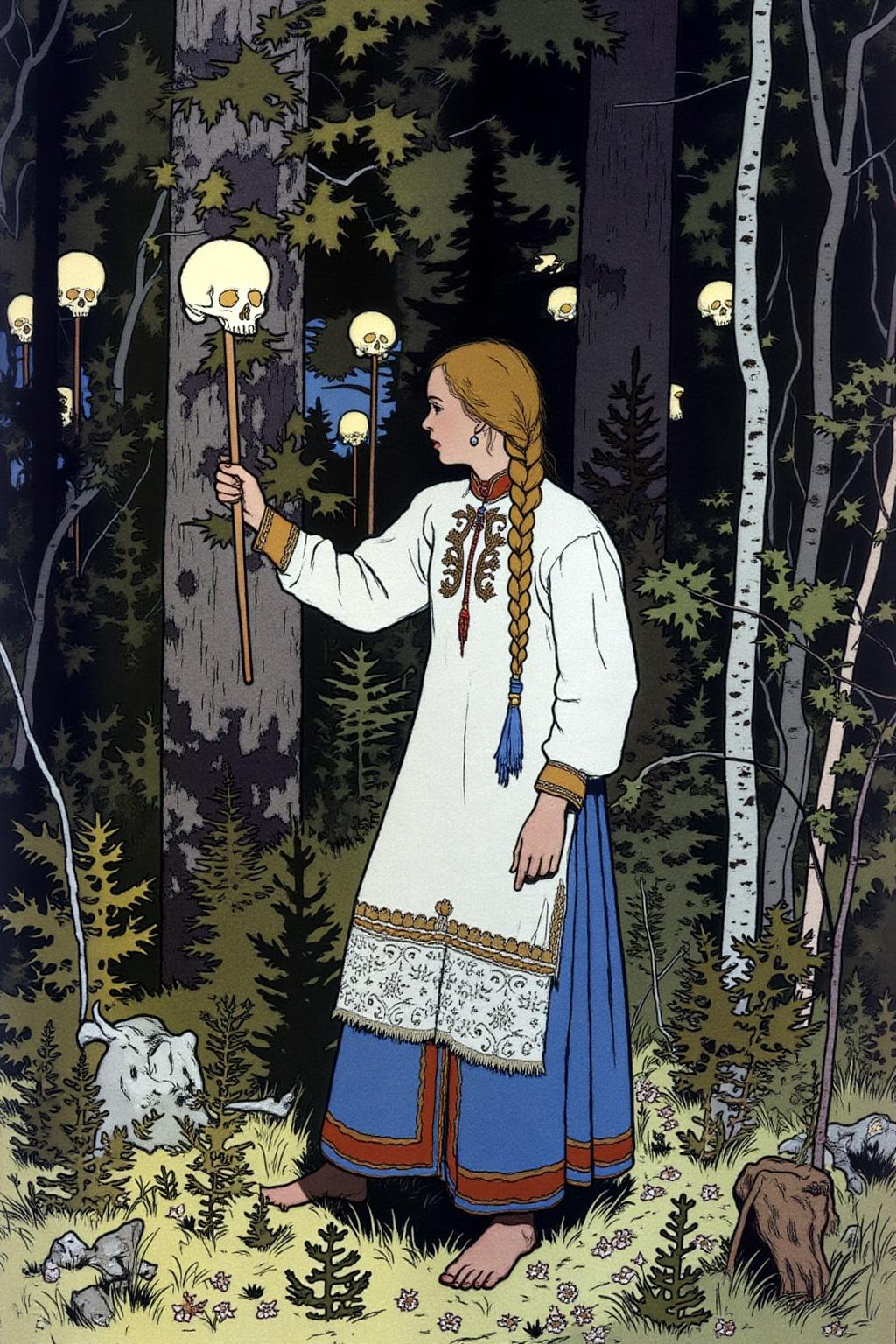 ivanbilibin1 illustration. 
A young woman with braided hair stands in a forested area surrounded by tall trees and dense undergrowth at night. She is holding a torch in the shape of a skull. <lora:ivanbilibin2_cap_d6a3e11:1.0><lora:857296370787176140:0>