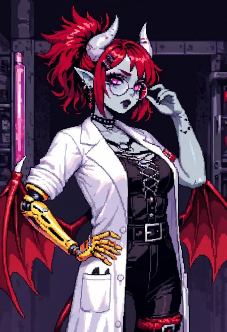 masterpiece, best quality, newest, absurdres, highres, DPAV1.0, pixel art,
1girl, succubus, grey skin, goth, goth girl, goth makeup, grey colored skin, red hair, demon girl, horns, wings, bat wings, demon wings, red wings, lab coat, coat, single mechanical arm, glasses, round glasses, ponytail, high taied ponytail, side bangs, Oneprostethicarm, pink eyes, amputee, prosthesis, prosthetic arm, medium breasts, pointy ears, hand on hip,