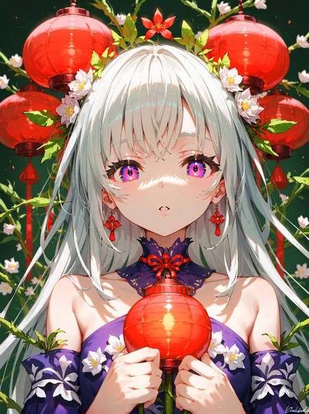 score_9_up, score_8_up, score_7_up,score_6_up,((Masterpiece:1.3)), (best quality:1.2),abstract, 1girl, solo, long silver hair, looking at viewer, golden hair ornament, violet eyes, holding a small lantern, hair partially covering one eye, bare shoulders, upper body, white flowers, soft glow, delicate vines, parted lips, thick eyelashes, dark green background, misty atmosphere, moonlight, serene expression, eye detail,(reflective eyes),<lora:Abstract:0.5>,detailed fingers,(multicolored eyes),closed mouth
