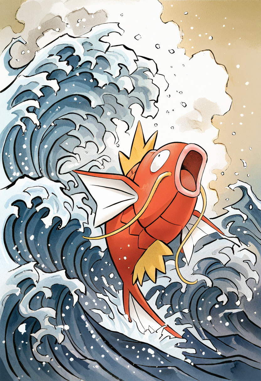 masterpiece, best quality, no humans,   ,<lora:MagikarpPokedex_IXL:1.0>,  zzMagikarp, open mouth, water, parody, waves, fine art parody