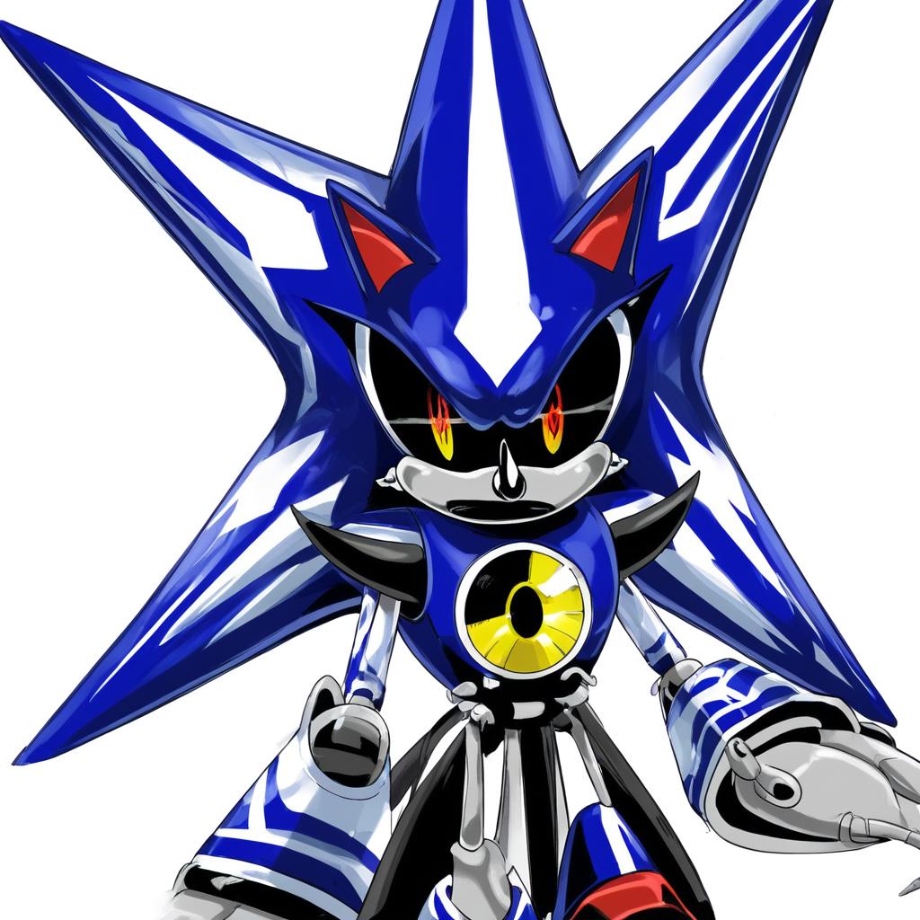 This image is a digital drawing in a vibrant, resembling a humanoid hedgehog, robotic appearance. The character is depicted from the chest up, pointed shape with a bright yellow eye and a small, stylized design. The character is predominantly blue and silver, with a prominent, circular sensor on the forehead.  The character's eyes are glowing red, anthropomorphic robot character, This image is a hand-drawn illustration of a stylized