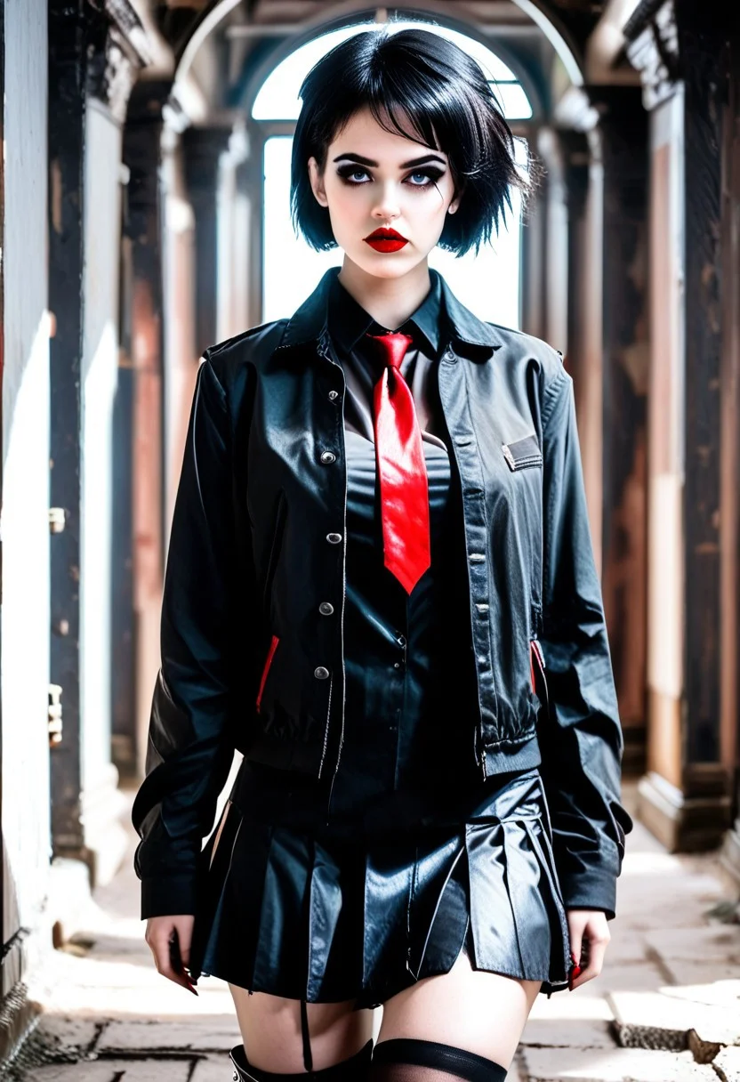 4L14NDRA, BLACK HAIR, SHORT HAIR, GREY EYES, MAKEUP, RED LIPS, NAIL POLISH, RED NAILS, MEDIUM BREASTS, BLACK JACKET, OPEN JACKET, RED NECKTIE, BLACK SHIRT, BLACK SKIRT, BLACK THIGHHIGHS, BLACK BOOTS, walking down the hallway in an aimpressive college building, confident, sassy; score_9, score_8_up, score_7_up, (SUBJECT), depth of field, highly detailed, high contrast, film grain, Rim Lighting