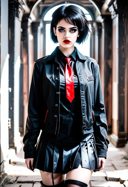 4L14NDRA, BLACK HAIR, SHORT HAIR, GREY EYES, MAKEUP, RED LIPS, NAIL POLISH, RED NAILS, MEDIUM BREASTS, BLACK JACKET, OPEN JACKET, RED NECKTIE, BLACK SHIRT, BLACK SKIRT, BLACK THIGHHIGHS, BLACK BOOTS, walking down the hallway in an aimpressive college building, confident, sassy; score_9, score_8_up, score_7_up, (SUBJECT), depth of field, highly detailed, high contrast, film grain, Rim Lighting
