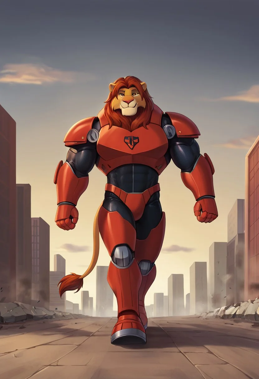 score_9, score_8_up, score_7_up,
((best quality)), absurdres,
<lora:SimbaPXL:1> simbapxl, muscular figure, anthro, male, 1boy,
1r0nm3n, red iron mech suit, no helmet, superhero, robotic, brave hero, smile, half body portrait, walking, background of city destruction,
<lora:Smooth Anime Style LoRA XL:0.7> Smooth, Anime, <lora:Expressive_H:1> Expressiveh,