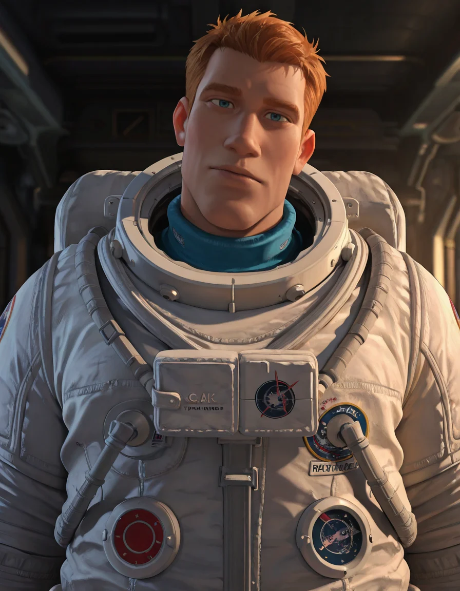 cinematic_depth, 8k, soft_lighting, warm_glow, ultra_high_quality, masterpiece, best quality, newest, perfect quality, best quality, detailed background, intricate details, male focus, solo, realistic, <lora:Planet 51 - Chuck Baker - Illustrious-000006:0.7> c_baker, 1boy, tall male, red hair, blue eyes, solo, upper body, looking at viewer, spacesuit, indoors, spacecraft, head tilt