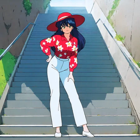 <lora:KOR_MadokaAyukawaXLIllustrious002>,
masterpiece,best quality,good quality,newest,
outdoors,stairs,
smile,
looking at viewer,
solo,
MadokaAyukawa,1girl,blue hair,long hair,green eyes,
breasts,
red hat,sun_hat,
collared_shirt,red shirt,floral shirt,long_sleeves,
white pants,
shoes,
full body,standing,