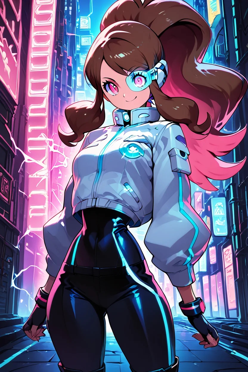 score_9, score_8_up, score_8, medium breasts, (curvy), cute, eyelashes, ,,, , zzHildaLuxCitron, pink eyes, brown hair, high ponytail, long hair, multicolored hair, pink hair, ponytail, sidelocks, white jacket, long sleeves, shiny, pants, black gloves, cyberpunk, scouter, <lora:HildaLuxVoltPDXL:1>, , BREAK, wide hips, smile, looking at viewer, cowboy shot, ,,, embedding:zPDXL, Expressiveh, ,,, <lora:SweetCAT_PDXL:1.0>, <lora:SDXLFaeTastic2400:0.5>, <lora:Expressive_H-000001:0.4>,