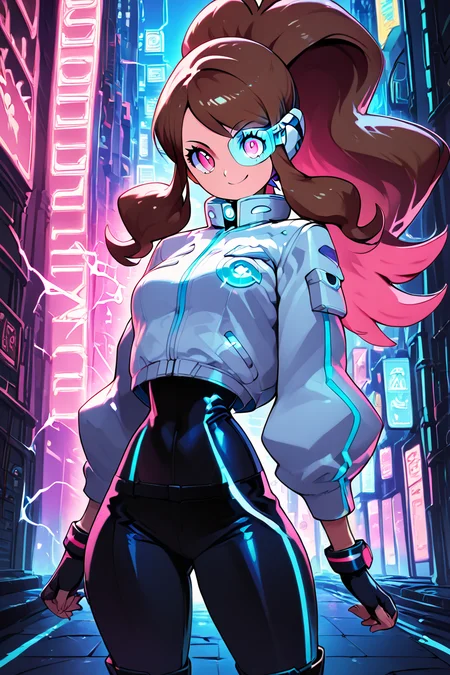 score_9, score_8_up, score_8, medium breasts, (curvy), cute, eyelashes, ,,, , zzHildaLuxCitron, pink eyes, brown hair, high ponytail, long hair, multicolored hair, pink hair, ponytail, sidelocks, white jacket, long sleeves, shiny, pants, black gloves, cyberpunk, scouter, <lora:HildaLuxVoltPDXL:1>, , BREAK, wide hips, smile, looking at viewer, cowboy shot, ,,, embedding:zPDXL, Expressiveh, ,,, <lora:SweetCAT_PDXL:1.0>, <lora:SDXLFaeTastic2400:0.5>, <lora:Expressive_H-000001:0.4>,